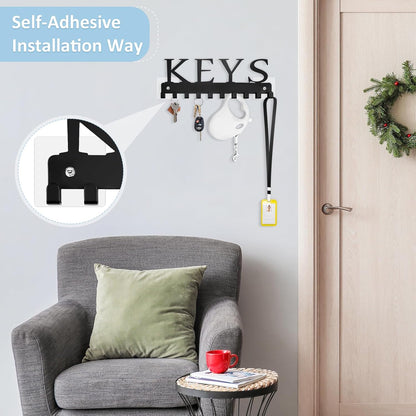 Black Key Holder Wall Mount, Decorative Key Rack Organizer with 10 Hooks, Metal Adhesive Keychain Holder