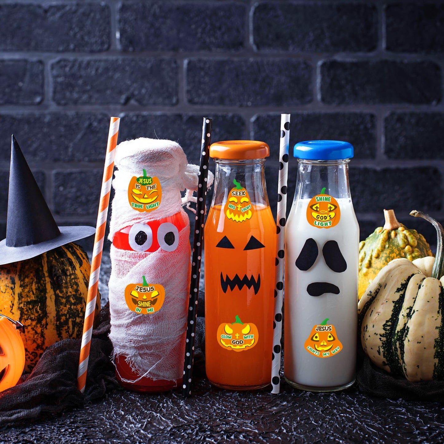 Haooryx Pumpkin Religious Sticker Roll - 300Pcs Make A Autumn Halloween Pumpkin Face Stickers Self Adhesive Waterproof Vinyl Water Bottle Page Activity Pad Fall Party Favor Scrapbook DIY Church Event