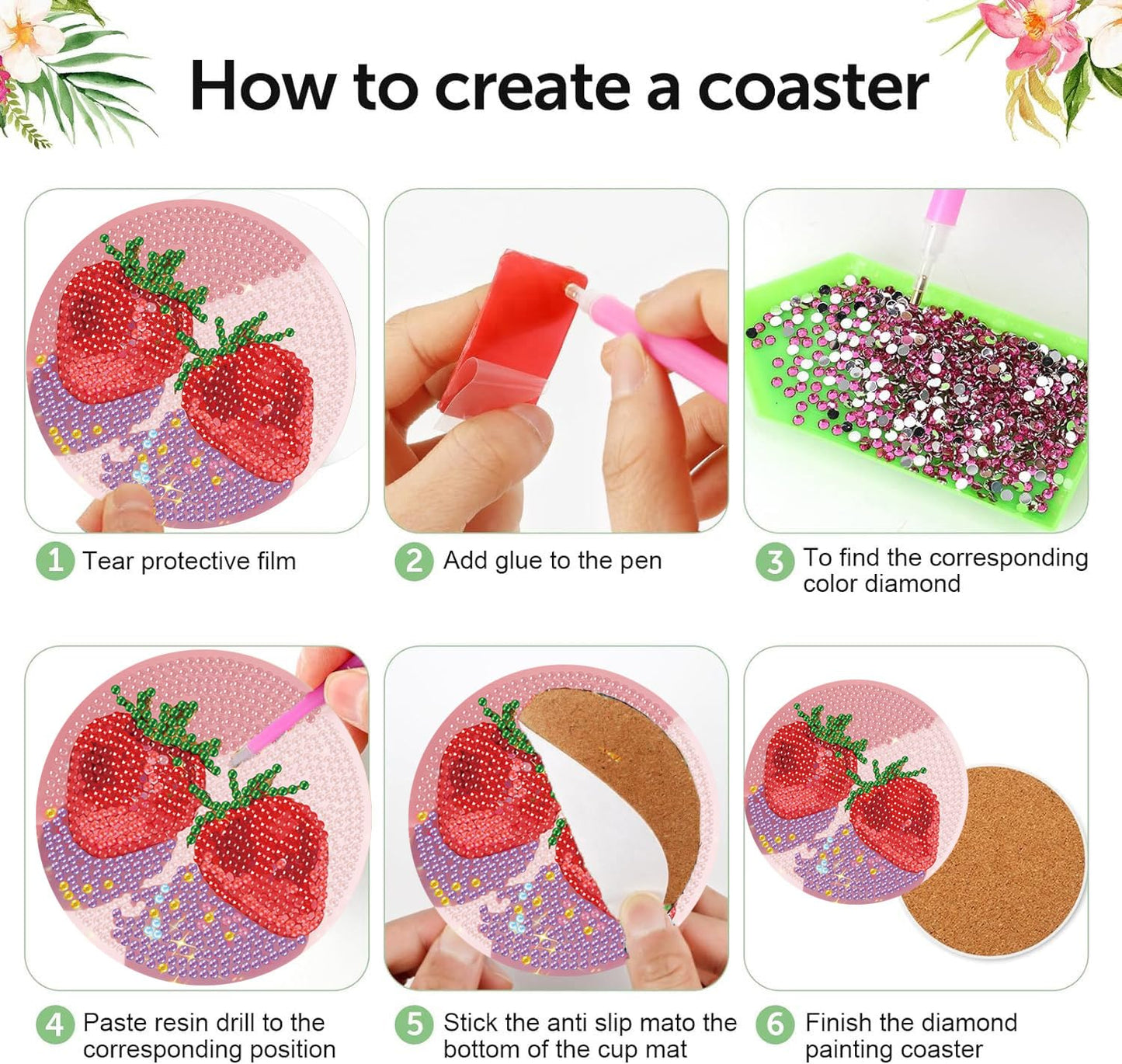 croshom Fruits Diamond Art Coasters Kits, 8 Pieces Diamond Painting Coasters with Holder, Diamonds Art Disco Ball Coaster Kits, 5D DIY Diamonds Arts Painting Kit for Adults Gift