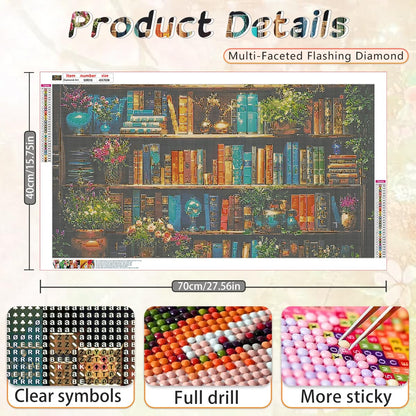Ohhvvow 5D Bookshelf & Blooms Large Diamond Art Kit for Adults, 27.5x15.7 Inch Cozy Library Diamond Painting with Books & Flowers, DIY Full Drill Gem Craft Kits, Gift for Book Lovers & Beginners