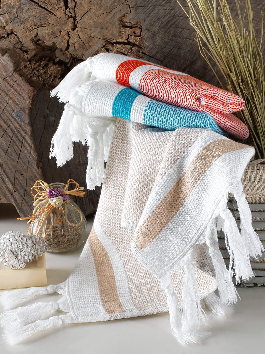 sea me at home Turkish Hand Towels for Bathroom, Kitchen Towels Decorative Set of 2, Luxury Turkish Cotton Dish Tea Towels 14 x 30 Inches for Bohemian, Rustic, and Farmhouse Decor (Beige)