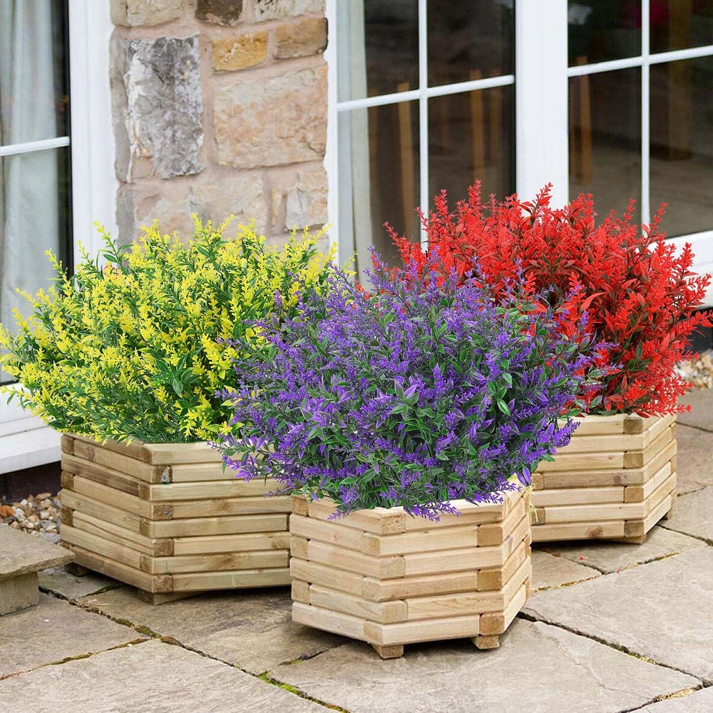 GREENRAIN 8 Bundles Artificial Lavender Flowers, UV Resistant Faux Plastic Plants for Garden, Porch, Window Box Décor