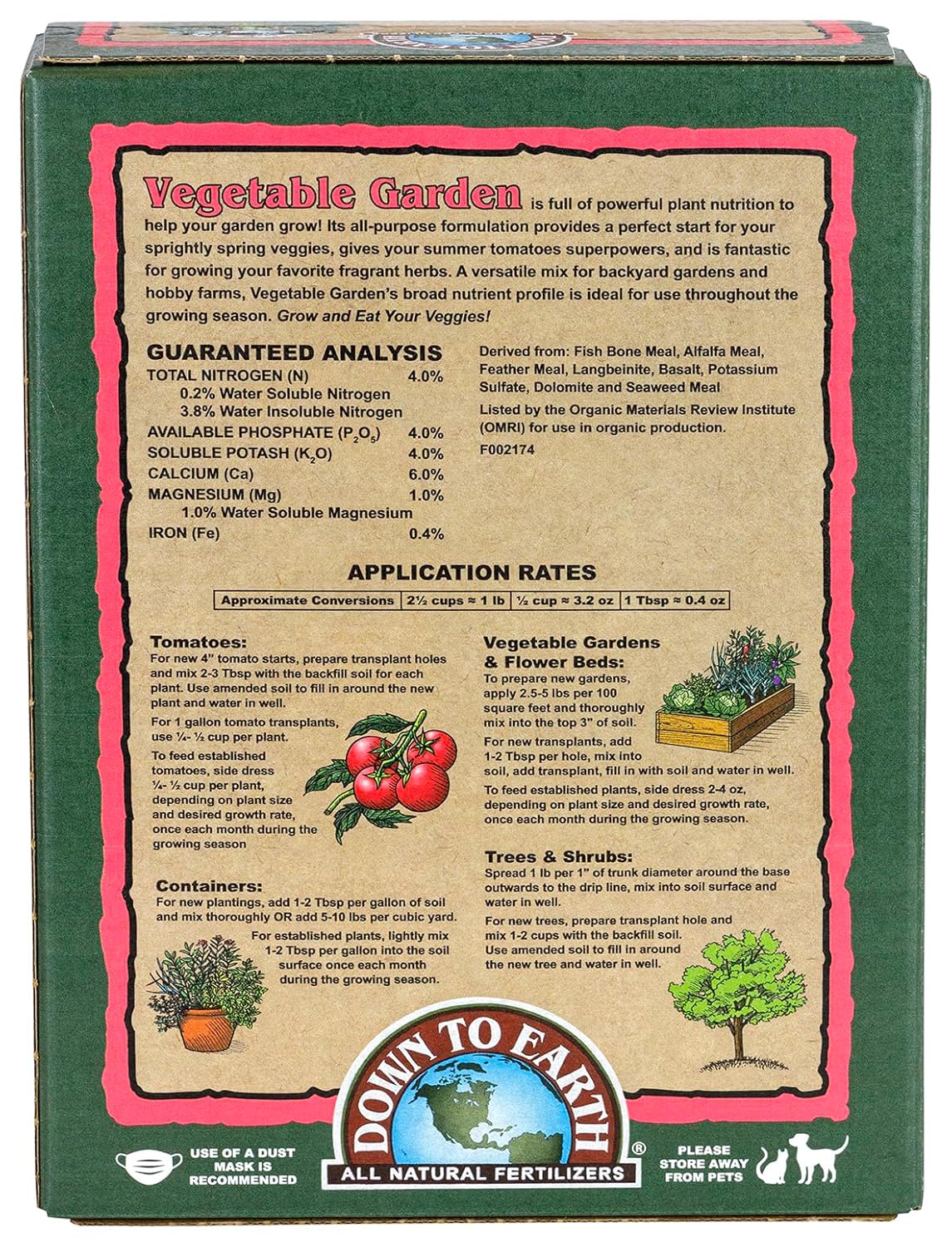 4-4-4, 1 lb Down To Earth All Natural Fertilizers Organic Vegetable Garden - Plant Food for Vegetables, Herbs, Greens