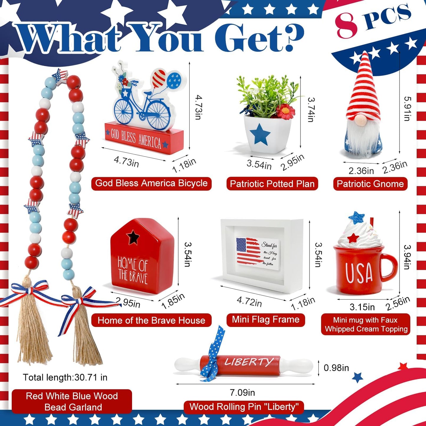 4th of July Decorations Patriotic Tiered Tray Decor Set, 8 PCS Memorial Day Fourth of July Decorations for Home Office Farmhouse Red White and Blue Tabletop Centerpieces Shelf Mantel Tray Decor Signs