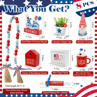 4th of July Decorations Patriotic Tiered Tray Decor Set, 8 PCS Memorial Day Fourth of July Decorations for Home Office Farmhouse Red White and Blue Tabletop Centerpieces Shelf Mantel Tray Decor Signs