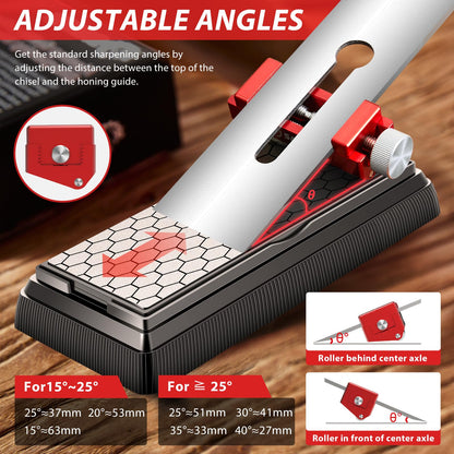 Saker Chisel Sharpening Jig,Wood Honing Guide with Whetstone - Red Off-Center Upgraded Honing Tool and Diamond Sharpening Stone Set Kit for Knife, Short Chisels and Planes