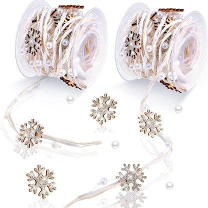 Taiyin 2 Rolls Snowflake Christmas Beads Ribbon 5.5 Yards Christmas Tree Trim Rope White Bead Pearl Ribbon Xmas Decoration for Gift Wrapping, Wreath, Garland, DIY Crafts Ornaments, Wedding Party Decor
