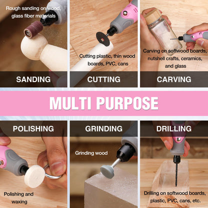 WORKPRO Cordless Rotary Tool Kit with 71pcs Accessories, 3 Variable Speeds, USB Rechargeable Mini Rotary Tool for Engraving, Sanding, Polishing, Carving, Cutting, DIY Crafts - Pink Ribbon