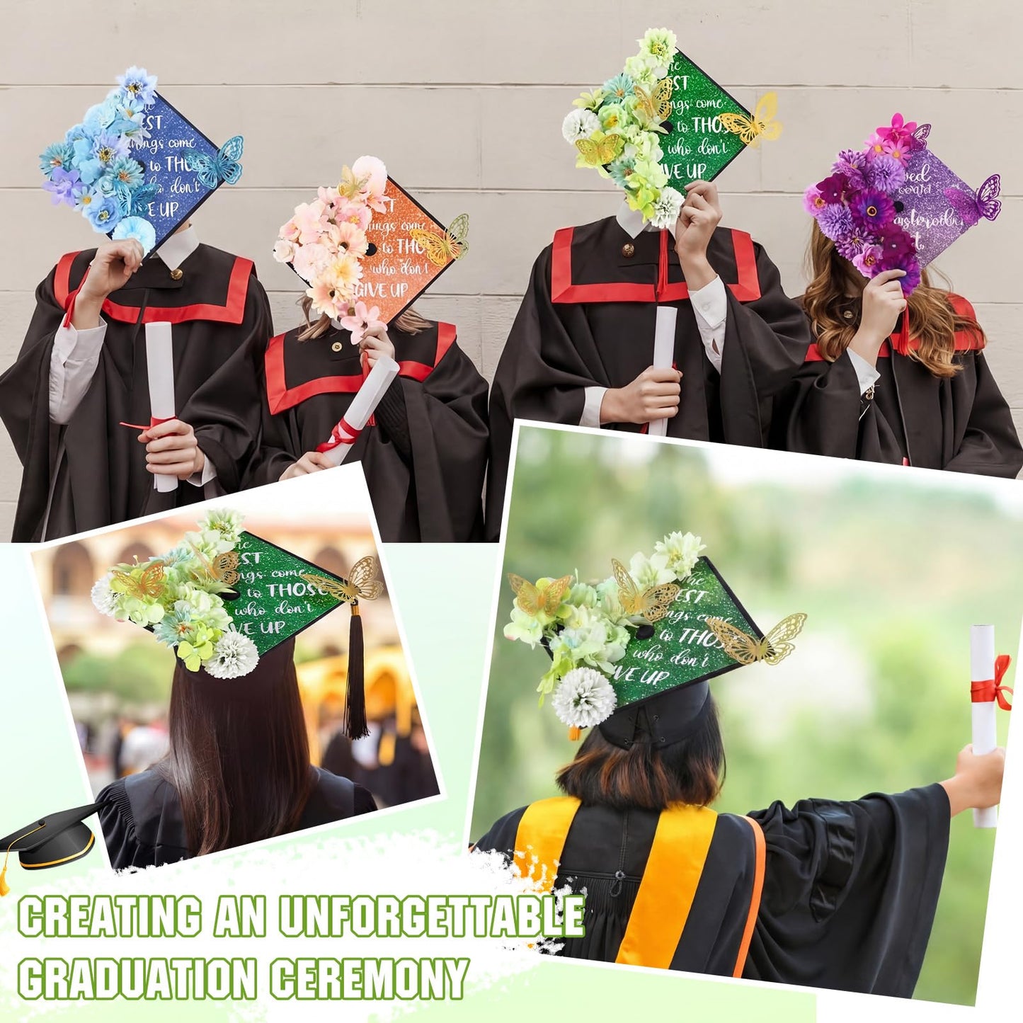 Dunzoom 34 Pcs DIY Graduation Cap Decorations Accessory Kit Artificial Flowers Inspirational Cardstock 3D Butterfly Stickers for DIY Hat Grad Cap Topper Graduation Party Supplies(Green)