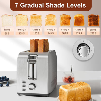Runnatal 2 Slice Toaster, 100% Stainless Steel, Multifunctional with 7 Toast Settings, Defrost, Bagel, Cancel Functions