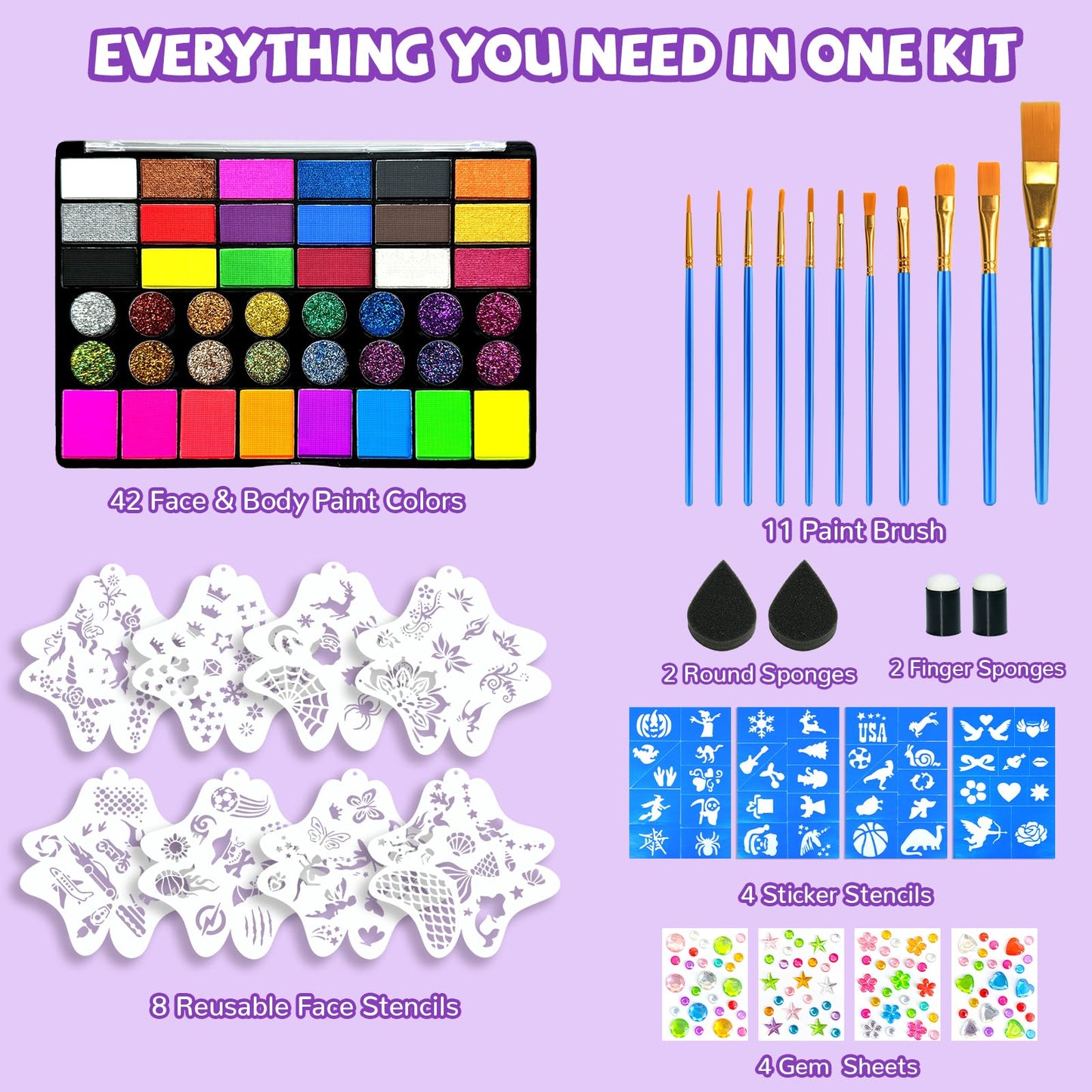 Face Painting Kit – 42 Colors Water Activated Face Paint Set, Easy Apply & Remove, Skin-Safe & Non-Toxic, Professional Kit with Brushes, Stencils & Gems for Halloween, Party, Festival & Cosplay