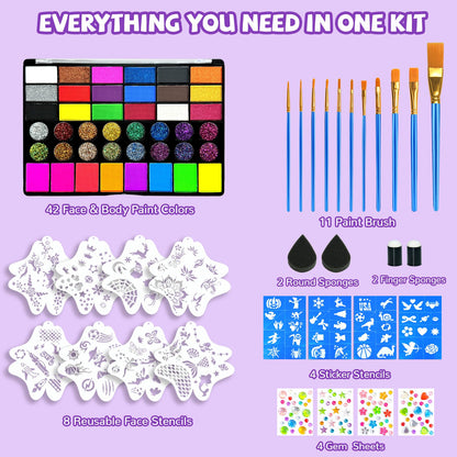 Face Painting Kit – 42 Colors Water Activated Face Paint Set, Easy Apply & Remove, Skin-Safe & Non-Toxic, Professional Kit with Brushes, Stencils & Gems for Halloween, Party, Festival & Cosplay