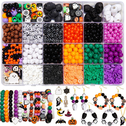 2100+PCS Halloween Beads Kit for Jewelry Making, Spooky DIY Crafts with Clay Charms Acrylic Rounds Pearls Pumpkin Skull Beads Ghost Witch Hat Bat Charms DIY Halloween Bracelets Necklace Earrings Craft