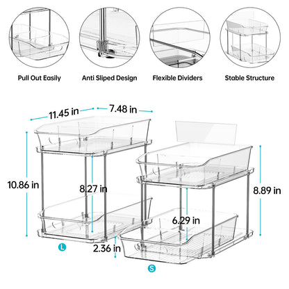 Delamu 2-Tier Under Sink Organizers and Storage, Multi-Purpose Stackable Bathroom Cabinet organizers, Pull Out Kitchen Pantry Organization and Storage with Dividers(2 Pack, Clear)