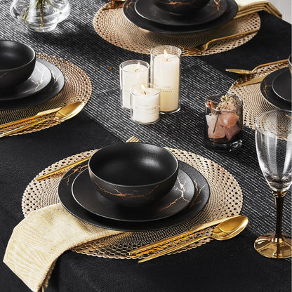 KINGSTONE Porcelain Dinnerware Sets for 8 | 24 Piece Plates and Bowls Sets Kitchen Dishes Scratch Resistant Matte Black Gold Vein Dinner Salad Plate Dishware for Party Daily Wedding