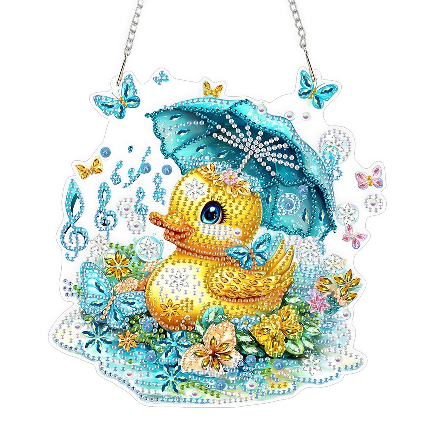 QENSPE Diamond Painting Art Hanging Kits for Adults, 5D Yellow Duck Diamond Paingting Ornaments with Chain, DIY Butterfly Crystal Window Pendants for Home Wall Decor Double Sided Gift 8X8 inch