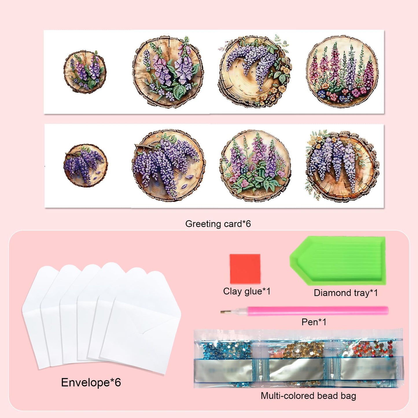 SHEGZHUC 6 Pack Diamond Painting Gift Card Lilacs Tree Stump, Diamond Art Kits for Adults Flowers Purple, Birthday Wedding Anniversary Greeting Get Well Congratulations Thank You Cards with Envelopes