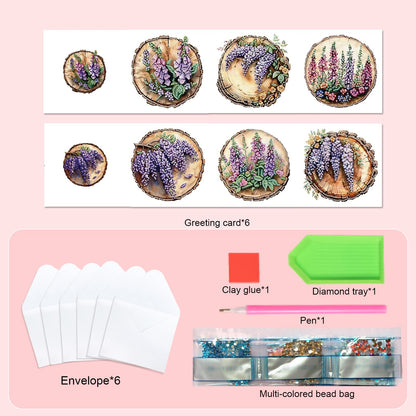 SHEGZHUC 6 Pack Diamond Painting Gift Card Lilacs Tree Stump, Diamond Art Kits for Adults Flowers Purple, Birthday Wedding Anniversary Greeting Get Well Congratulations Thank You Cards with Envelopes