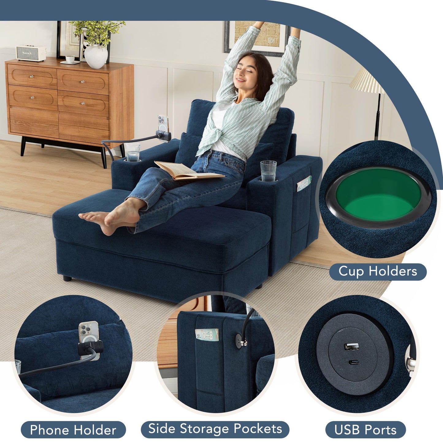 Merax Modern Oversized Chaise Longue Chair with Movable Storage Ottoman, 2 USB Ports, 2 Cup Holders, a Phone Holder, Side Pockets, 42.5" Reclining Chair for Living Room, Bedroom, Blue