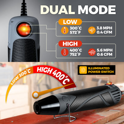 Heat Gun for Crafting, Mini Dual Temp Hot Air Gun Tool for Epoxy Resin, Shrink Wrapping, Vinyl Wrap, Embossing, Electronics, Candle Making, Sublimation, Phone Repair & DIY (Grey/Black)