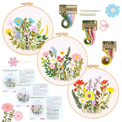 RIHYTFU 3 Pack Flower Embroidery Kits for Beginners, Adults Starter Cross Stitch Kit, DIY Sewing Needlepoint, Floral Plants Patterns Hand Stamped Embroidery Kits