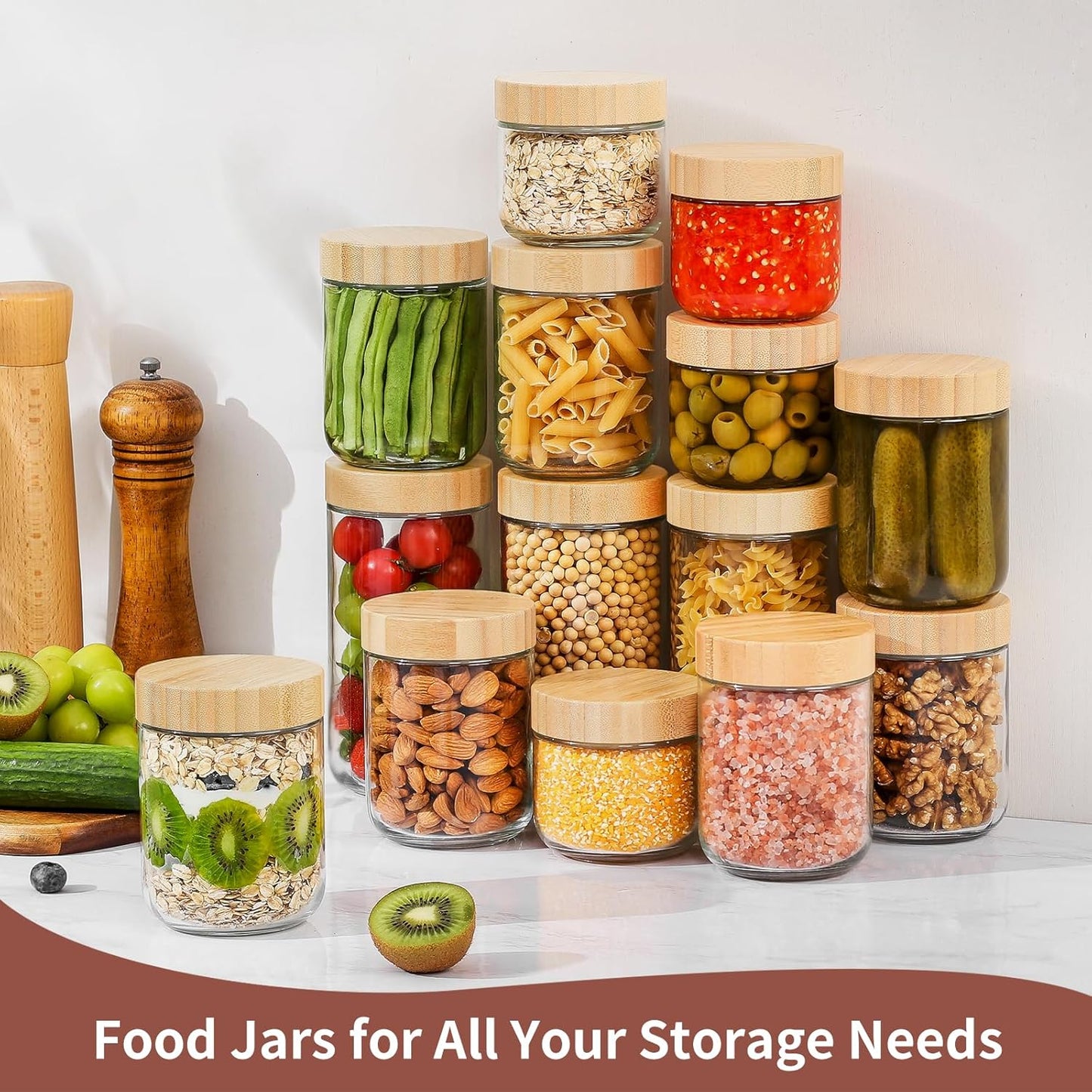 16 Oz 4 Pack DRKIO Overnight Oats Containers with Bamboo Lids - Glass Storage Jars with Airtight Lids Wide Mouth Mason