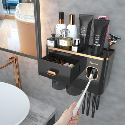 2 iHave Toothbrush Holders Wall Mounted with Toothpaste Dispenser & Cups - Luxury Black and Gold Design for Bathroom