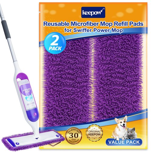 KEEPOW Reusable Power Mop Refill Pads Compatible with Swiffer PowerMop, Microfiber Power Mop Refills, Power Mop Pads for Hardwood Floor Cleaning, 2 Pack (Mop is Not Included)