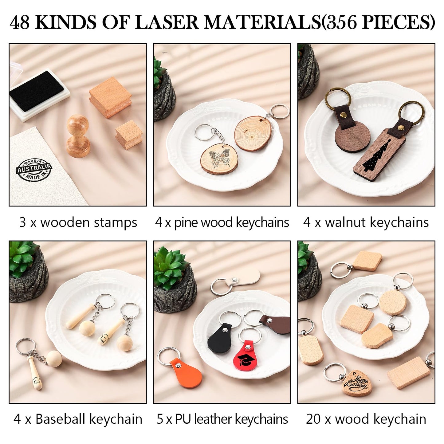 Tondiamo 356 Pcs Bulk Laser Engraving Supplies Blank Material Kit DIY Engraver Accessories Including Acrylic Glass Stainless Steel Wood Fabric PU Leather Rock Rubber Materials for Laser Cutters