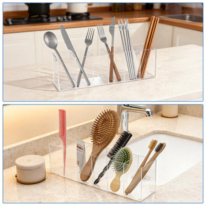 Caeuiciw 2 Pcs Acrylic Pen Holder 6 Compartments Makeup Brush Stationery Organizer Pencil Holder for Accessories Cosmetic Brushes Office Bathroom Kitchen Supplies,Clear