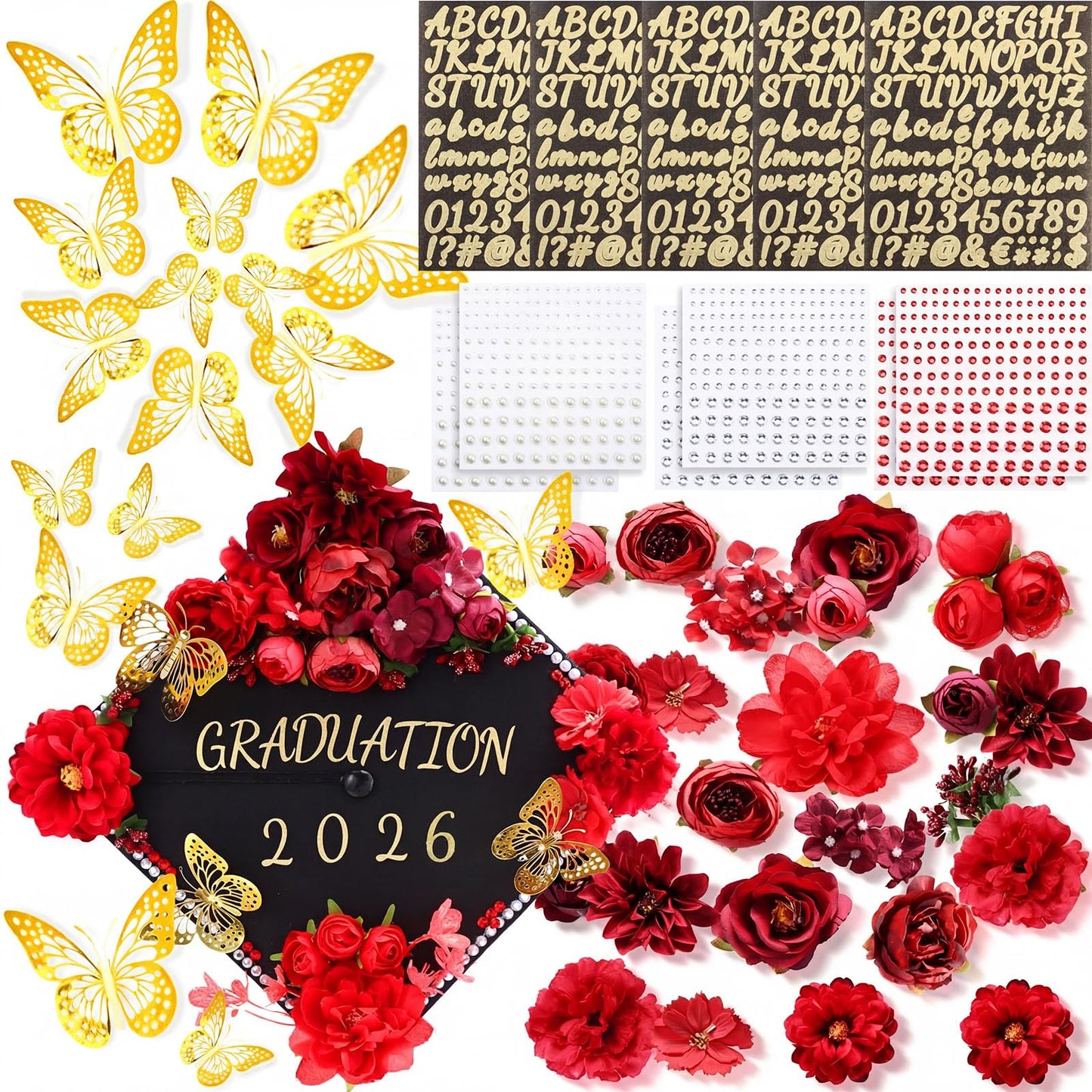 Hoteam DIY Graduation Cap Decorations Kit Included Faux Flowers 3D Butterfly Self Adhesive Rhinestones Glitter Alphabet Letter Stickers for 2026 Grad Cap Topper Party Gifts Decor(Red)