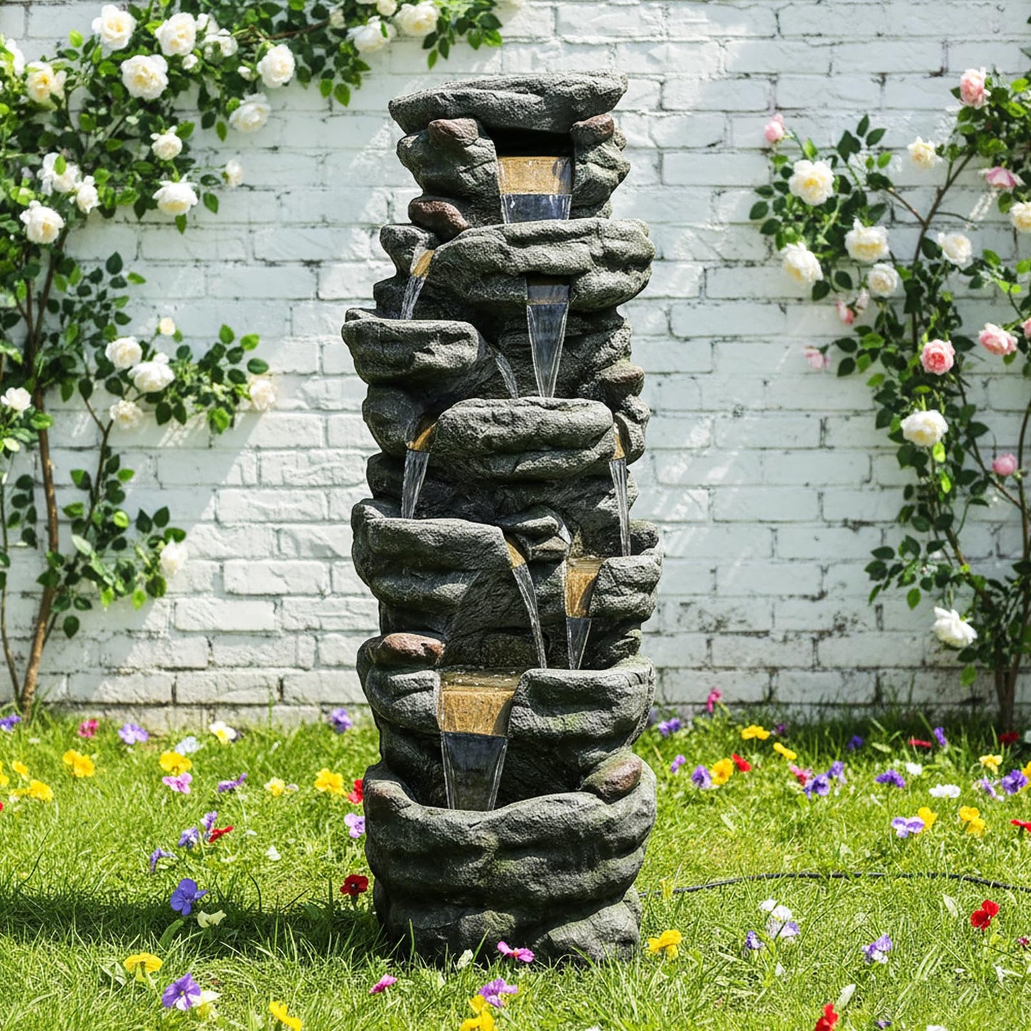 Naturefalls 51" Extra Large Outdoor Water Fountain - Waterfall Fountain with 7 LED Lights, 7-Tiers Cascading, Poly-Resin Indoor and Outdoor Fountain for Garden, Patio, Backyard, Lawn, Yard Decor