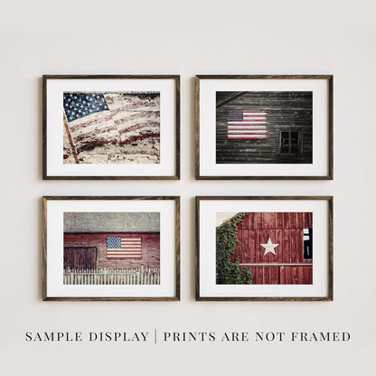 Rustic Farmhouse Decor - Patriotic Barns with American Flags - Set of 4 8x10” Prints - Americana USA Country Pictures