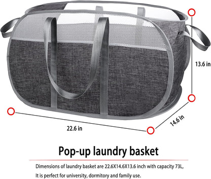 Pop-Up Laundry Basket with Durable Handles, Collapsible Mesh Laundry Hamper, Cationic Gray