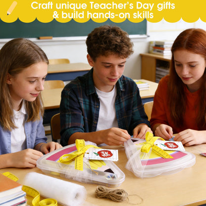 6 Set 9.05*7.28 in Large Teacher Appreciation Gifts Box with Apple Cards Ruler Ribbon Mesh, Back to School Reusable Pizza Storage Containers, Pencil Shaped Gift Box for Wrapping Teacher Appreciation