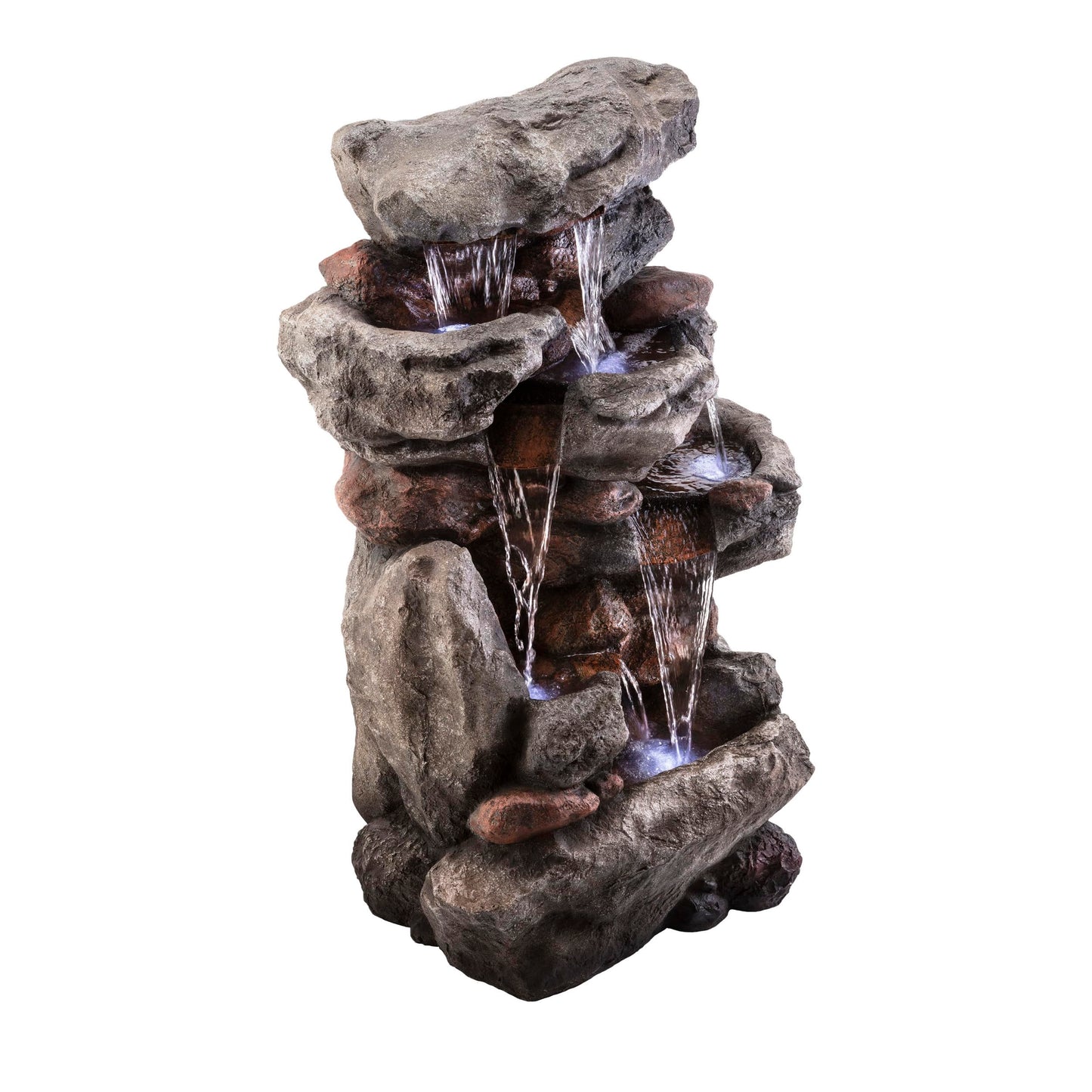 Alpine Corporation WIN730 Outdoor Floor Tiered Rock Waterfall Fountain with LED Lights and Natural Stone Look, 52", Brown