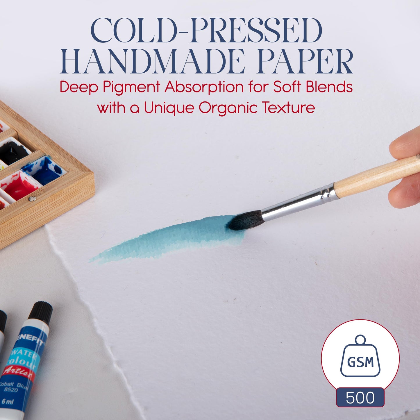 Wanderings Thick Handmade Watercolor Paper with Deckled Edge - 9" x 12" - 500GSM Premium White Cold-Pressed Textured Mixed Media Paper Made with Recycled Cotton - 15 Loose Leaf Sheets