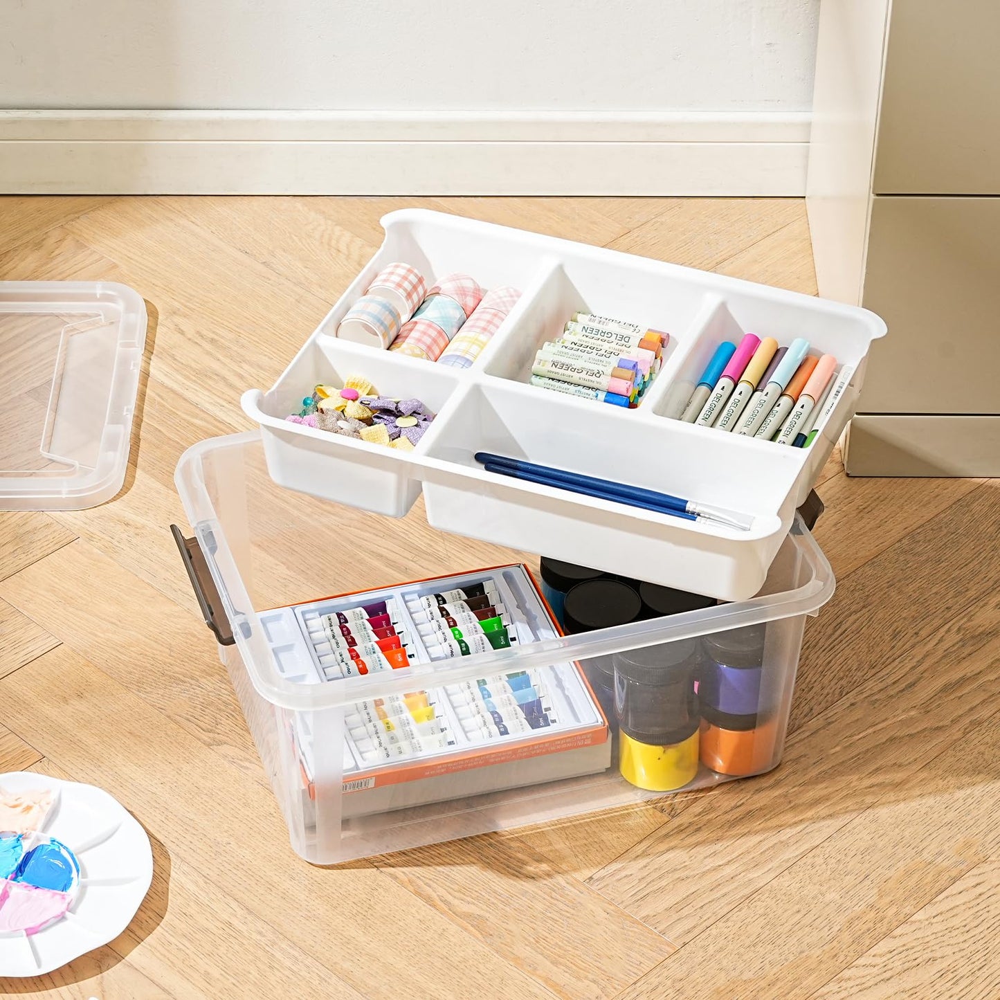Stebopum 17 QT Plastic Storage Box with Removable Tray Art Supply Craft Organizers and Storage Stackable Storage Container for Organizing Bead, Tool, Sewing, Book, Crayon, Playdoh(Clear)