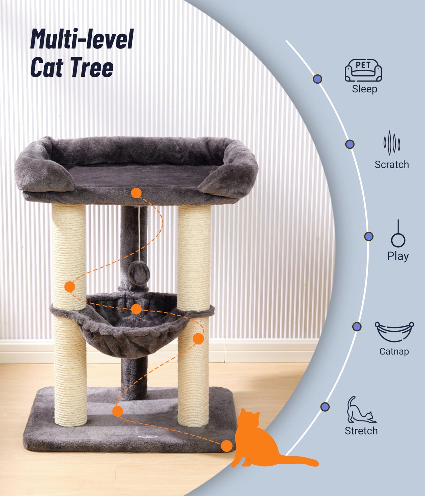 Happi N Pets 28" Cat Tree Tower for Indoor Cats, Tall Cat Scratching Post with Large Bed for Maine Coon Big Cats, Sisal Cat Scratcher with Soft Perch & Hammock, Stable Cat Stand, Removable Cover-Gray