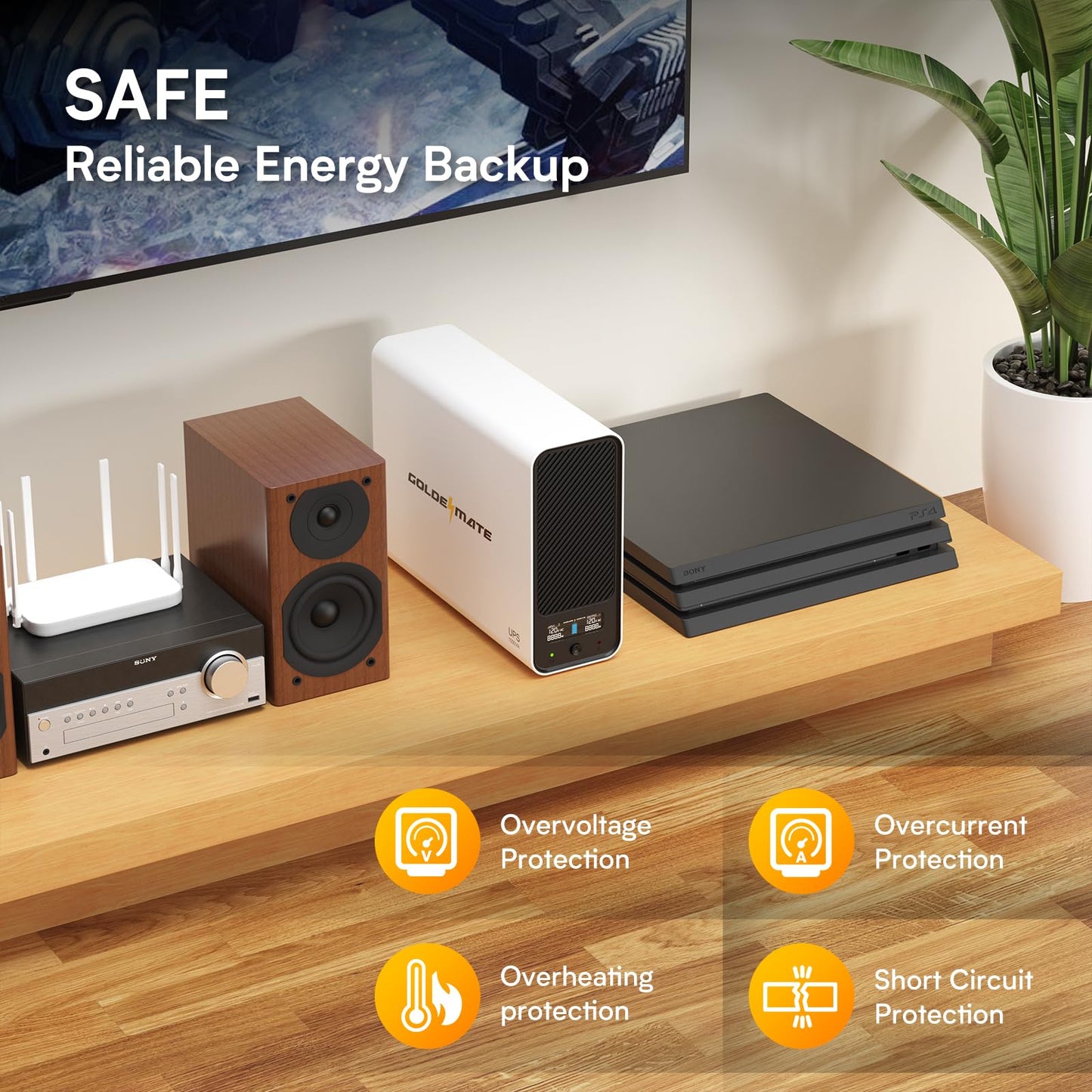 GOLDENMATE 1000VA/800W Lithium UPS Battery Backup and Surge Protector, Backup Battery Power Supply with LiFePO4 Batteries(230.4 Wh), Sinewave UPS System, 10 Years Lifespan, 8 Outlets, LCD Display