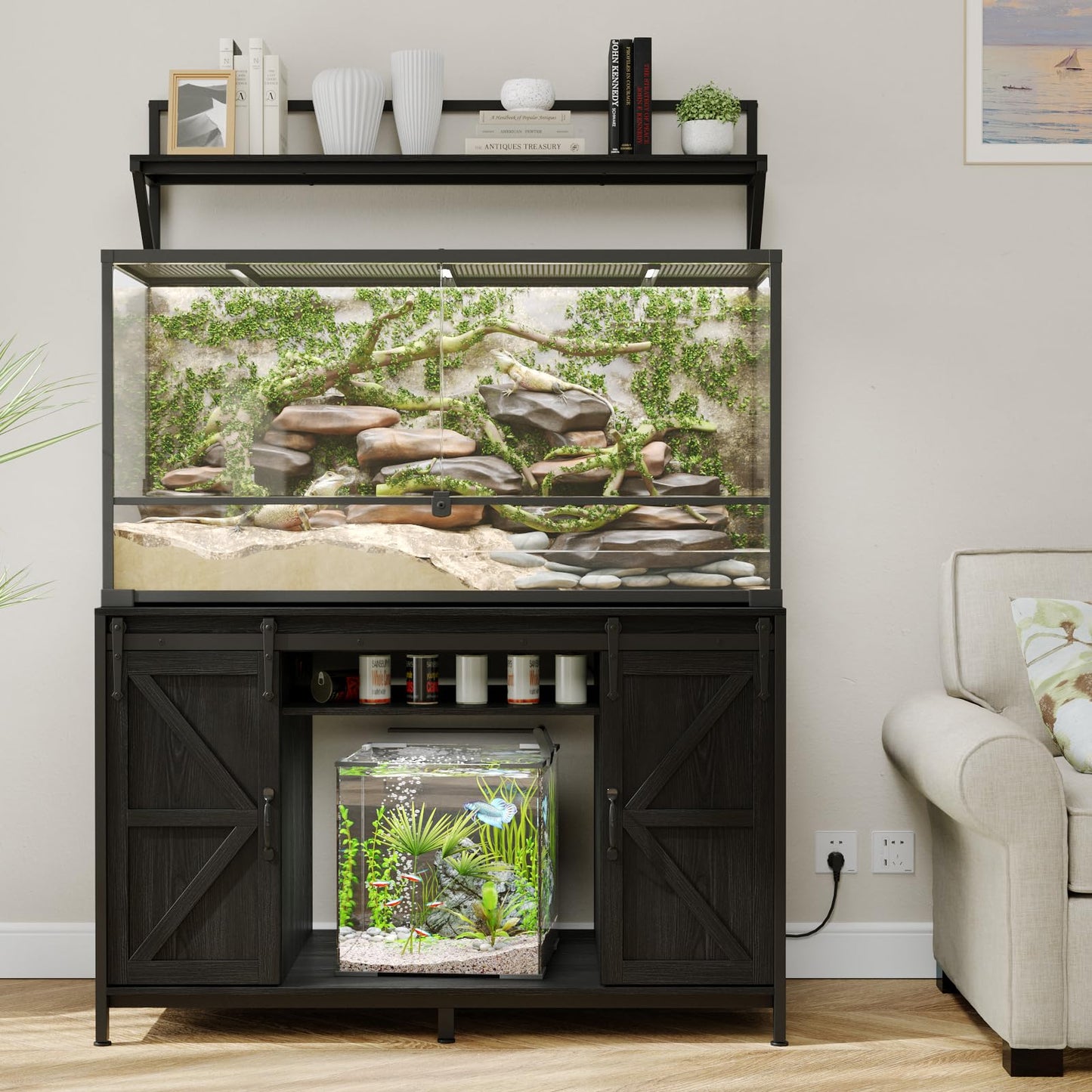 VOWNER Farmhouse Reptile Tank Stand with Power Outlet, 48" X 24" Tabletop Fits up 120 Gallon Bearded Dragon Tank, Heavy Duty Aquarium Stand with Storage Cabinet, Reptile Turtle Terrarium Stand Black