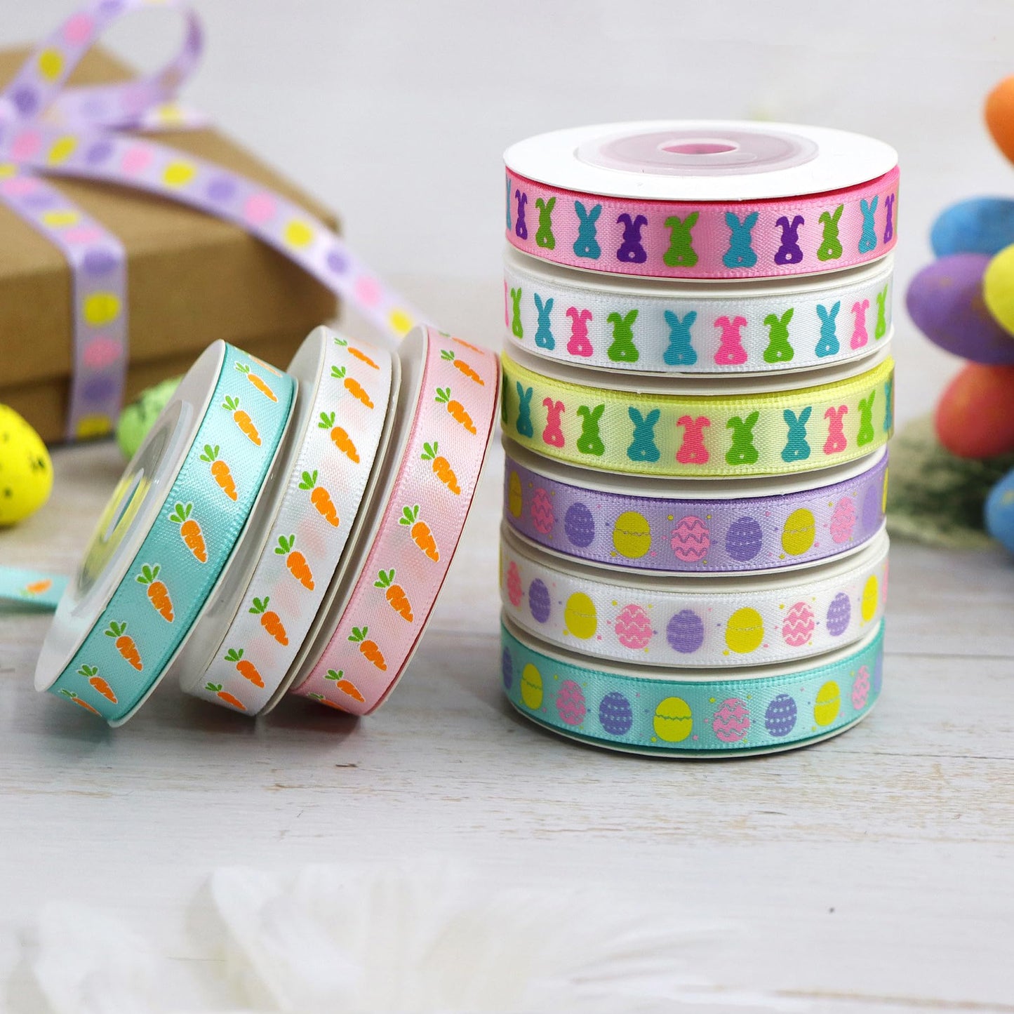 YERELO Easter Ribbon, 54 Yards 3/8'' Size 6 Yard x 9 Roll Ribbons Gift Wrapping Ribbon Hair Bow Wreath Making for Easter DIY Craft Party Decoration