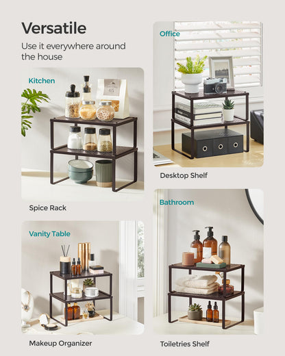 SONGMICS Spice Racks, Set of 2 Metal Cabinet Shelf Organizers, Countertop Organizers, Shelf Risers, Stackable, Expandable, Silver UKCS01SV