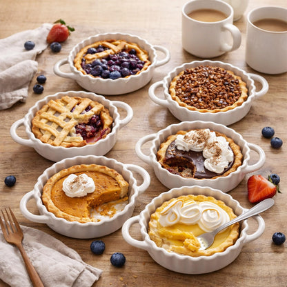 Yamteck 5in Ceramic Mini Pie Pan Set of 6 with Handles for Pie Quiche Tart. Easy to grip, Lead-Free. 8 oz Ramekins Dish for Creme Brulee, Soufflés; Gifts for Baking Enthusiast. Oven Dishwasher Safe