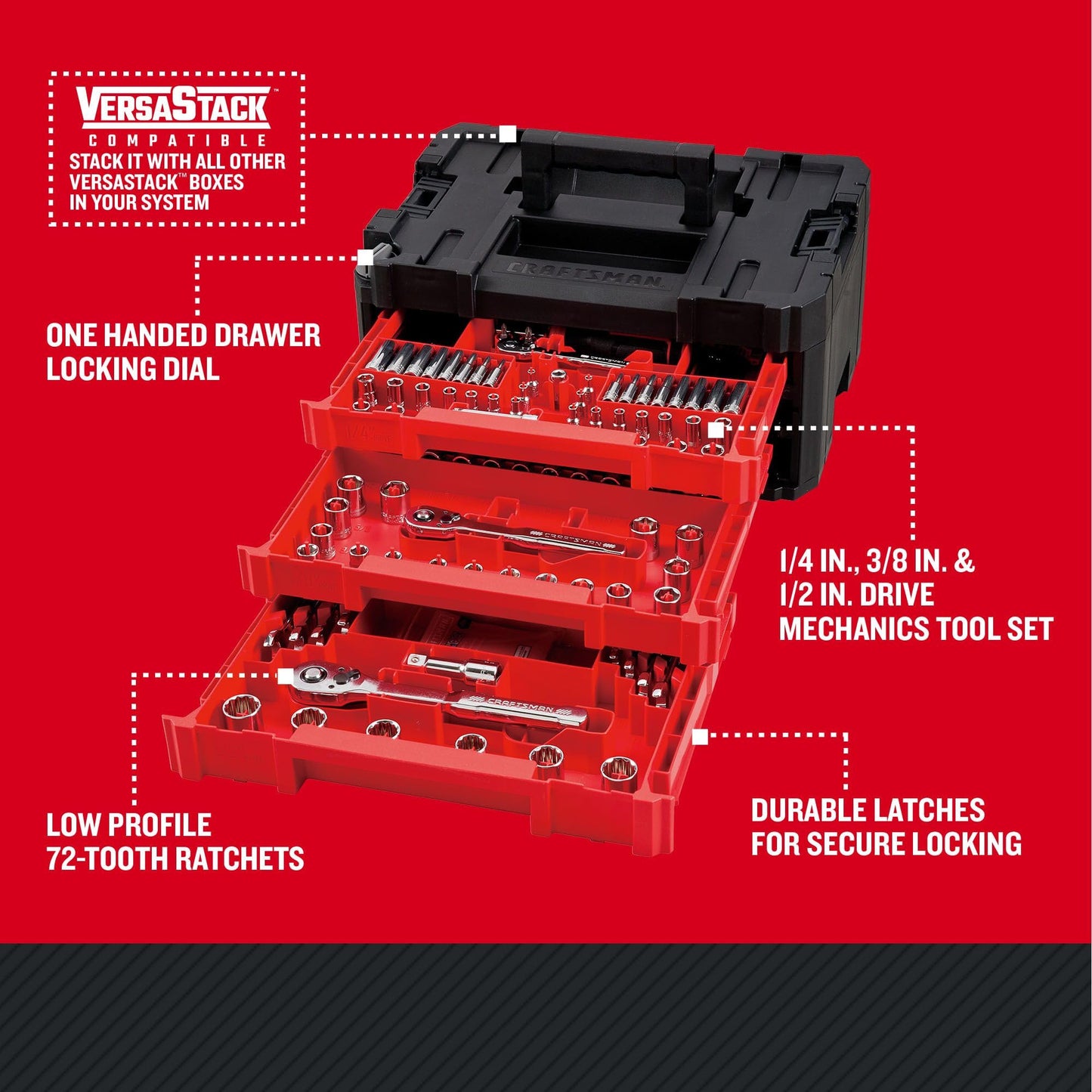 CRAFTSMAN 230 Pcs Mechanics Tool Set, Socket Wrench Set, Car Tool Kit with VERSASTACK Toolbox, SAE and Metric,1/4 in, 3/8 in, and 1/2 Drive, Short and Long Arm Hex Keys (CMMT45306)