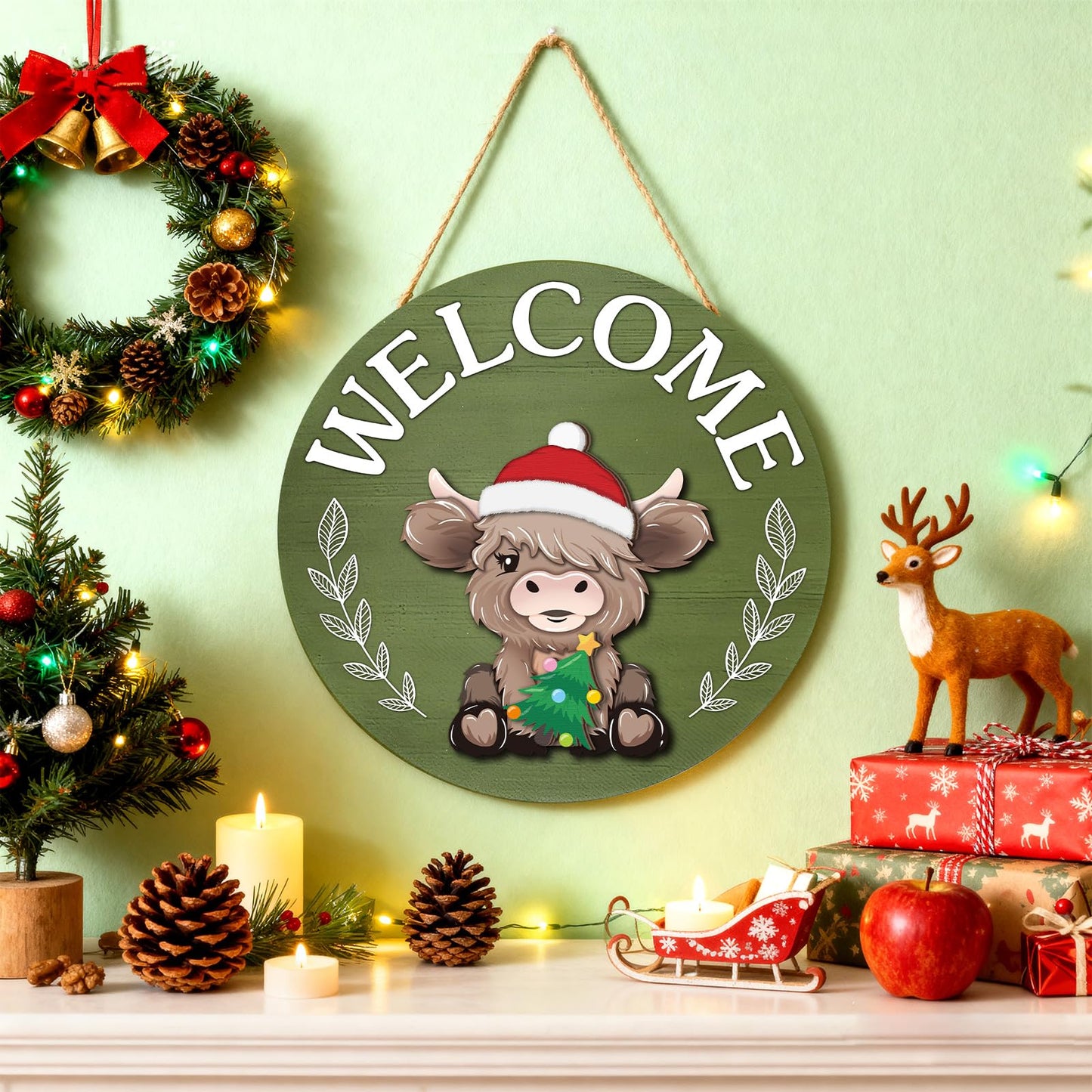 35 Pcs Patriotic Interchangeable Highland Cow Welcome Sign Highland Cow Seasonal Wooden Hanging Door Decor 4th of July Farmhouse Hanging Sign for Front Door Graduation Party Decoration(Grass Green)