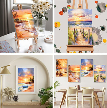 4 Pack Framed Paint by Numbers Kit for Adults Beginners-Beach Adult Paint by Number Kits on Canvas Framed, Sunset Landscape DIY Acrylic Oil Painting by Numbers for Adults for Gift Home Decor(8x12inch)