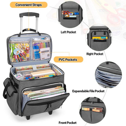 Trunab Rolling Scrapbook Tote with Expandable File Pocket, Large Craft Organizer and Storage Bag with Detachable Trolley and Bottom Support Panel for Scrapbooking Supplies and Art Tools, Grey