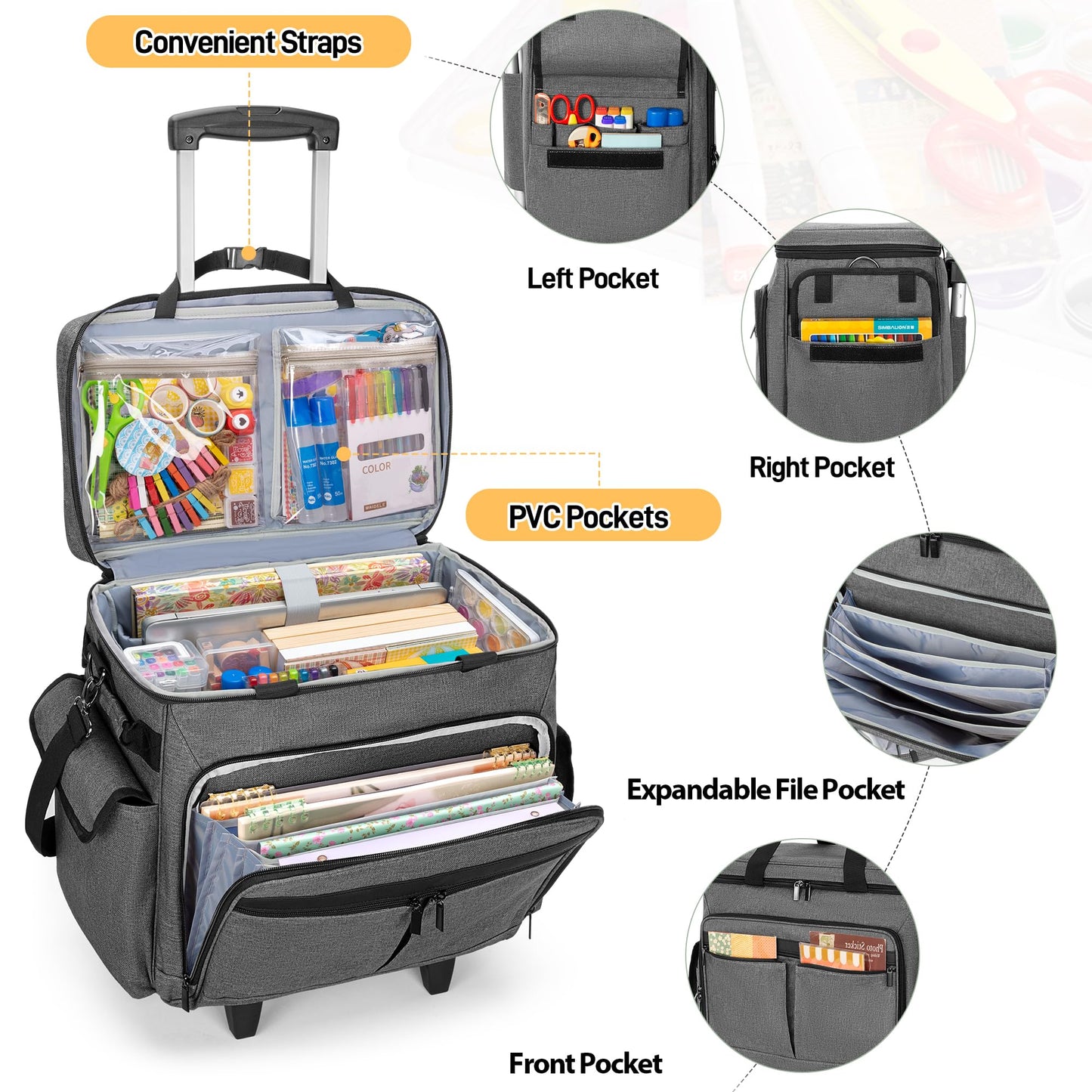 Trunab Rolling Scrapbook Tote with Expandable File Pocket, Large Craft Organizer and Storage Bag with Detachable Trolley and Bottom Support Panel for Scrapbooking Supplies and Art Tools, Grey