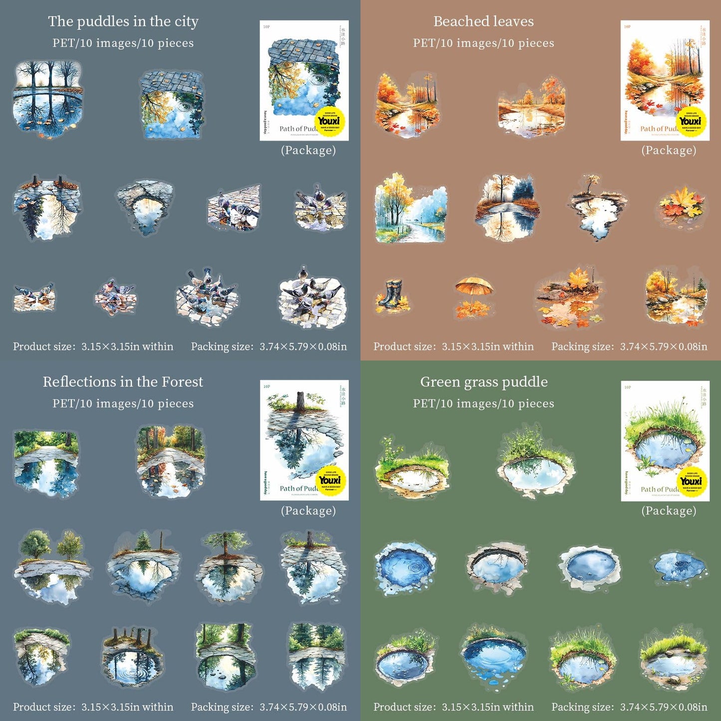 60 Pieces Aesthetic Landscape Creation PET Sticker Set, 6 Pack Vintage Puddles Scenery PET Stickers for Scrapbooking, Journaling, Waterproof DIY Crafts, and Junk Journal